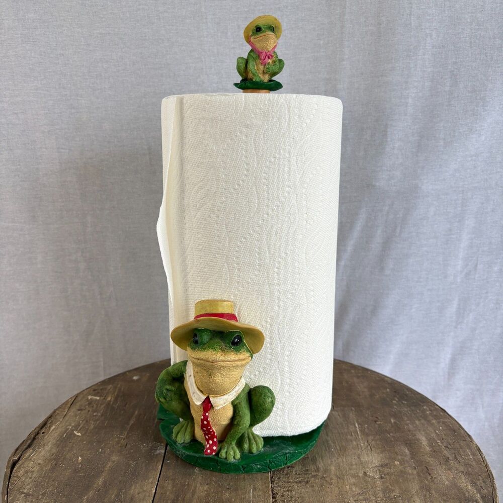 Frog Paper Towel Holder Resin Lily Pad Whimsical Cottage Kitchen Decor